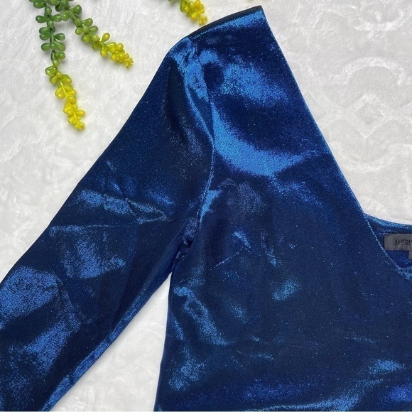 American Retro Mila Metallic Silk One Shoulder Long Sleeve Mini Dress in Blue - Picture 6 of 15